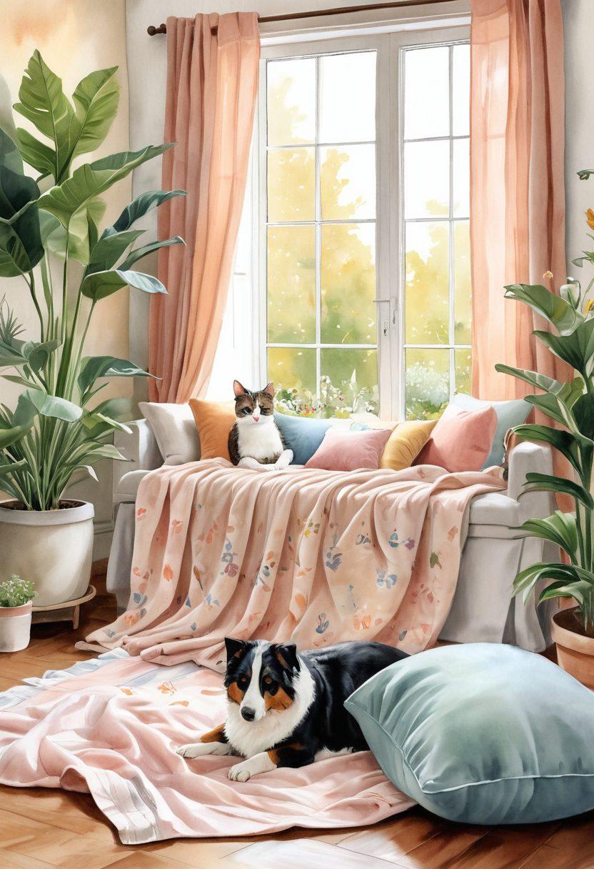 A serene scene depicting a cozy, inviting space filled with soft textiles like blankets and cushions, featuring various happy animals such as cats and dogs lounging peacefully. Soft, warm lighting creates a comforting atmosphere, while plants and nature elements enhance the feeling of tranquility. Include a hand-drawn style with warm pastel colors for a gentle touch. watercolor painting. warm tones.