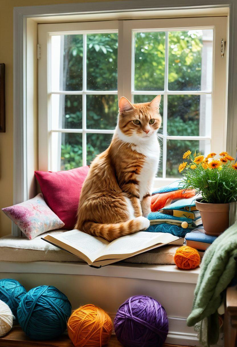 A cozy, sun-drenched reading nook filled with colorful cat-themed books and playful cats lounging around. Illustrate a whimsical scene where a reader is absorbed in a book, with cats playfully pawing at pages, colorful yarn balls scattered about, and a window showcasing a garden view. The atmosphere should feel warm and inviting, inviting cat lovers to dive into engaging stories. vibrant colors. super-realistic. cozy ambiance.