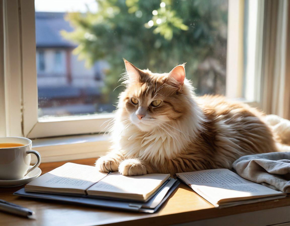 A serene scene featuring a fluffy cat curled up on a soft, pastel-colored blanket, surrounded by gentle, glowing sunlight streaming through a window. Include a cozy workspace in the background with a notebook and a steaming cup of tea, emphasizing a calming atmosphere for both feline care and creative writing. The overall mood should evoke tranquility and a soft approach to pet care. watercolor style. soft color palette. natural light.
